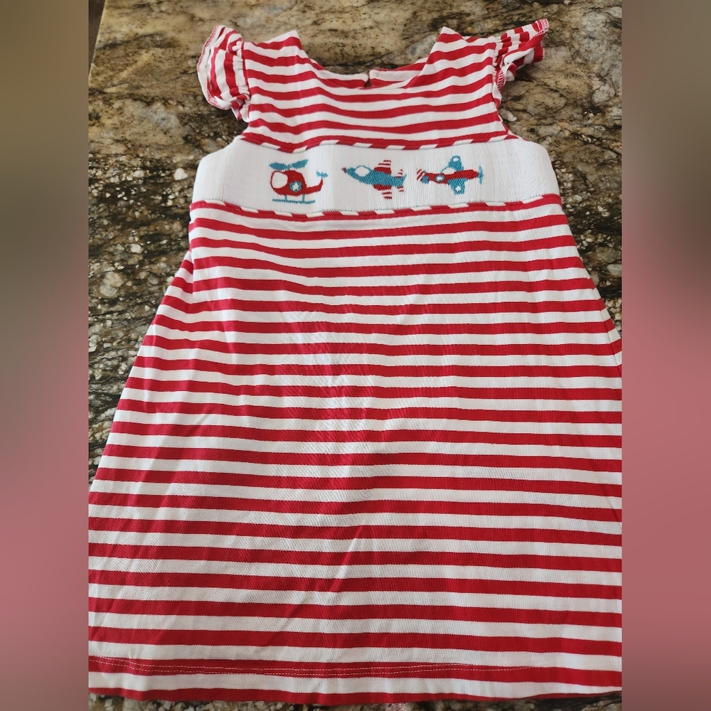 Red and White Striped Dress with Airplane Design